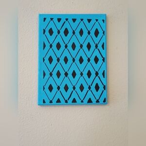 Handpainted Black And Blue Argyle Acrylic Painting On Canvas Bedroom Decor 9x12"